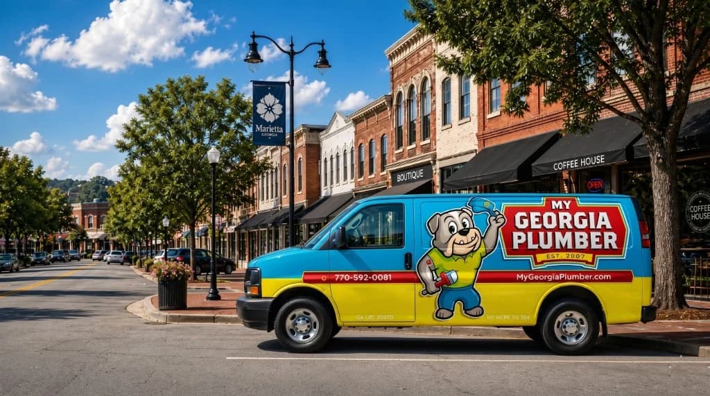 My Georgia Plumber branded service van parked in downtown Marietta, Georgia, near Marietta Square and historic storefronts.